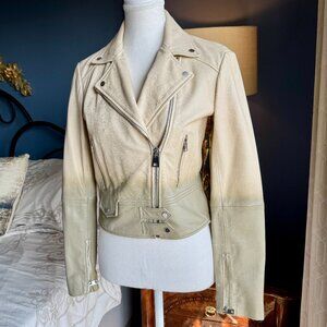 Pinko Cream and Sage Green Leather Moto Jacket